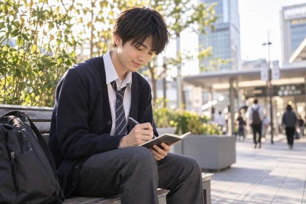 放課後の明るいベンチで、高校生が帰宅前に翌日いちばん先にやることを小さなメモ帳へ書き込んでいる様子