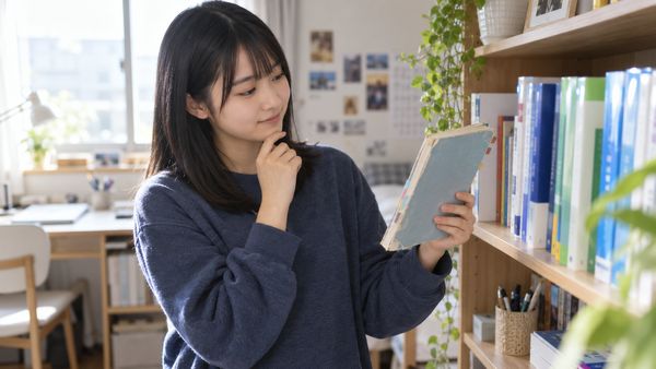 新しい参考書を買い足さず、使い込んだ数学のワークを本棚から選び直している高校生