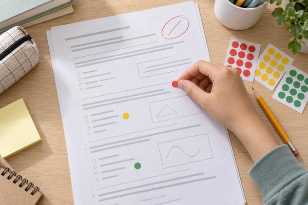 返却された答案に赤・黄・緑の丸シールを貼り、間違いを3種類に分けている手元
