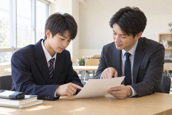 返却された答案を先生と一緒に見ながら、間違いの原因を振り返る制服姿の高校3年生
