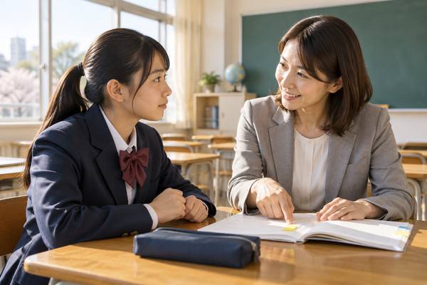 放課後の教室で教科担当の先生に評価の改善点を質問する中学生