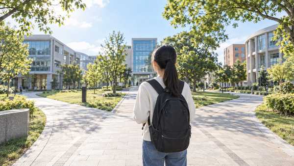 分かれ道の前に立ち、いくつかの進路を見比べている高校生の後ろ姿