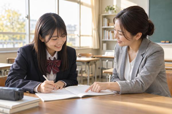 教室で先生と一緒に教科書の例題へ戻って確認している高校生