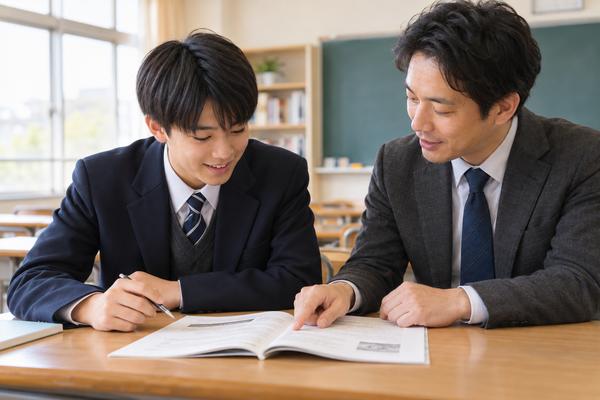 放課後の教室で国語の先生に答案を見せ、本文のどの要素が足りなかったかを質問する高校生