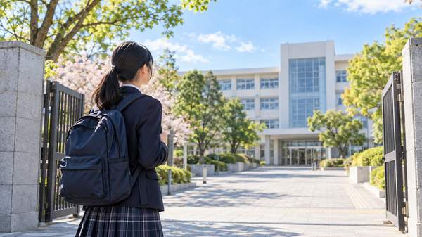 晴れた日に高校の校門の前へ立ち、校舎を見上げている制服の中学生