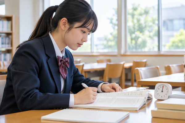 自習室で時計を横に置き、初めて読む英語の長文に取り組んでいる制服の高校生