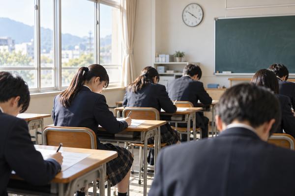 時計のある教室で、初めて見る問題に時間を計りながら取り組んでいる高校生たち