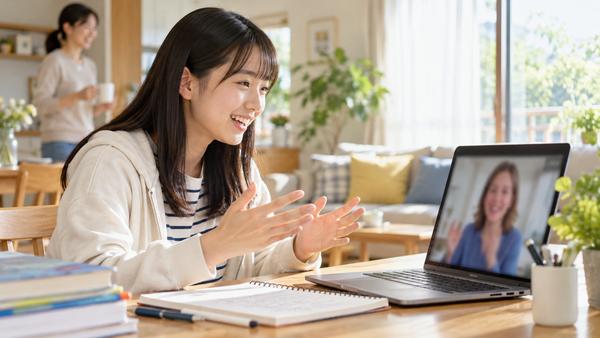 明るいリビングでノートパソコンを使い、身ぶりを交えて英語の会話練習を楽しむ高校生