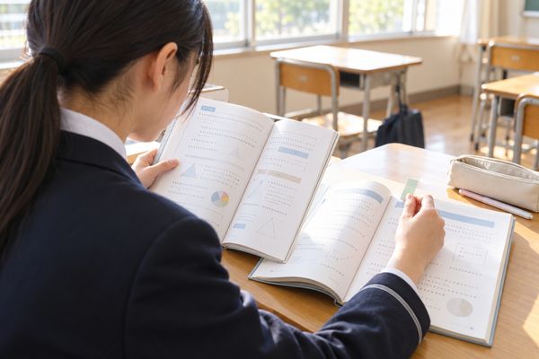 教科書と授業プリントを並べて開き、表記の違いを見比べている制服の中学生