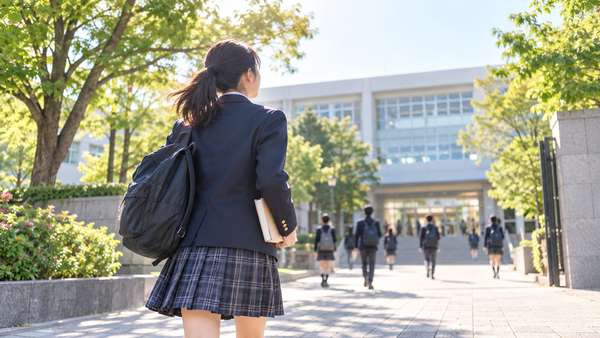 朝の光の中、鞄を持って校舎へ向かって歩き出す制服姿の高校生の後ろ姿
