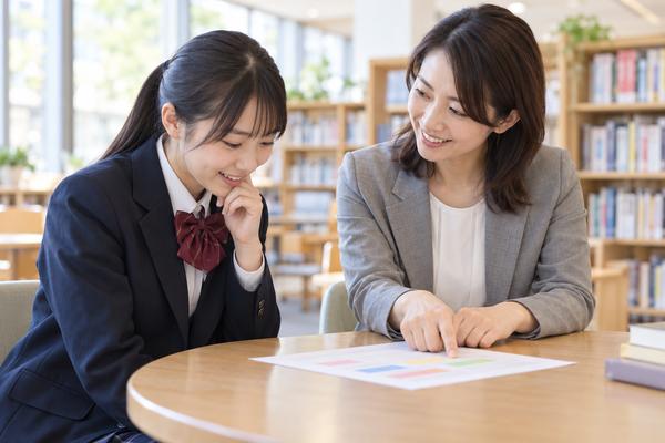図書室で先生と一緒に答案を見ながら、どこで間違えたかを確かめている高校生