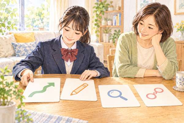 高校生が矢印・鉛筆・虫眼鏡などの4枚のカードを並べ、どこでつまずいたか分類しているイラスト