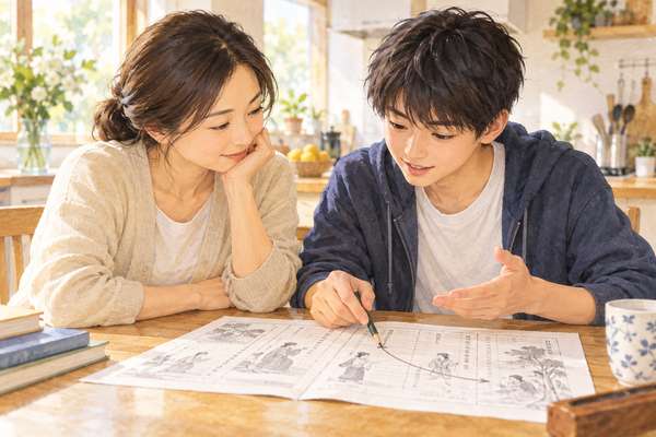 キッチンのテーブルで、間違えた漢文の問題の戻り方を鉛筆でたどりながら保護者へ説明する生徒のイラスト