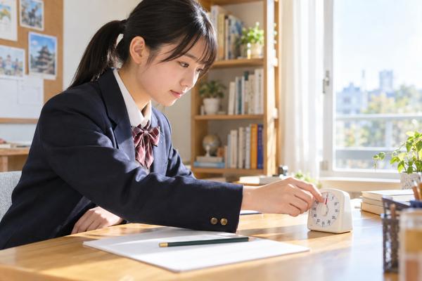 机にタイマーを置き、短い漢文のプリントで10分の練習に取り組む制服姿の高校生