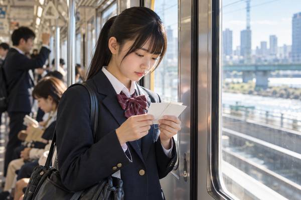 通学電車の中で、小さな漢文カードを手に否定形の短文を確認している制服姿の高校生