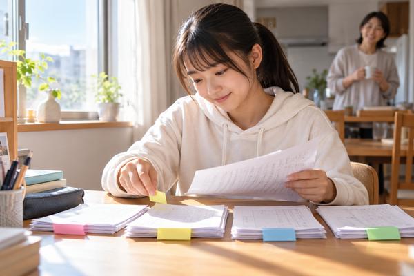自宅で、解き終えた漢文のプリントに色違いのふせんを貼り、間違えた場所を分けている高校生