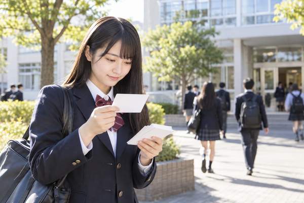 登校前の校門前で、手のひらサイズの暗記カードを1枚ずつ確かめる制服の高校生