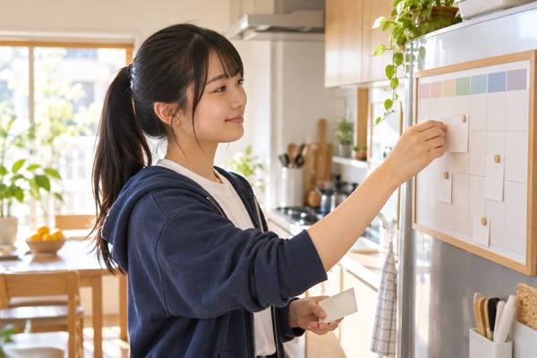 台所のボードに、次の模試までに直す項目を書いたカードを1枚だけ貼る高校生