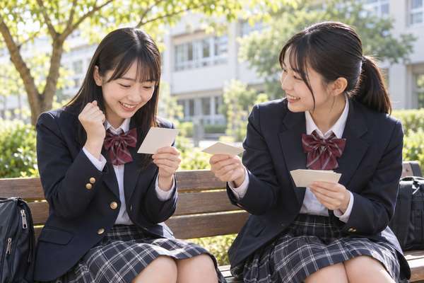 ベンチで暗記カードを出し合い、書き下し文の例題を確認し合う高校生2人