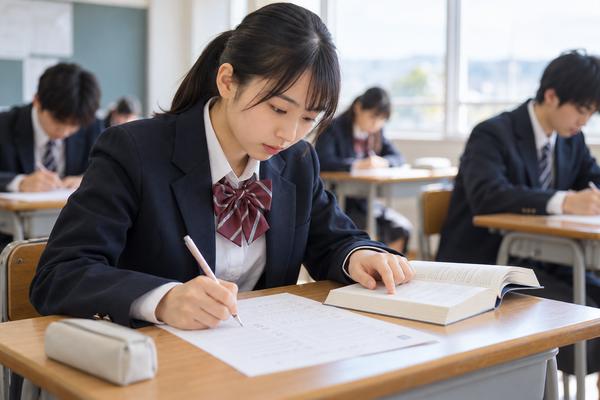 模試の教室で初見の漢文を解き、根拠を探す制服姿の高校生
