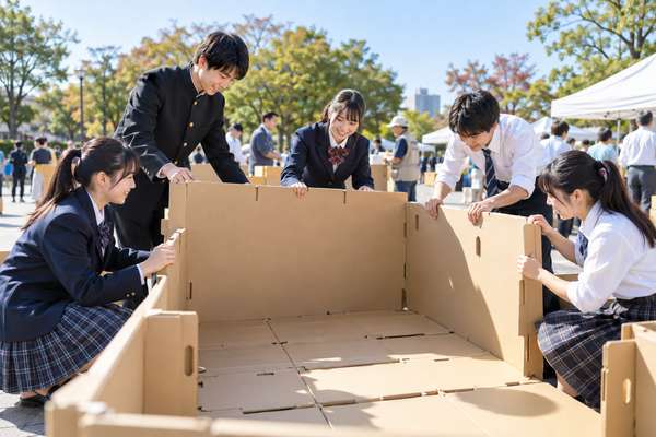 別の学校の制服を着た生徒が協力して段ボールを組み立てる様子