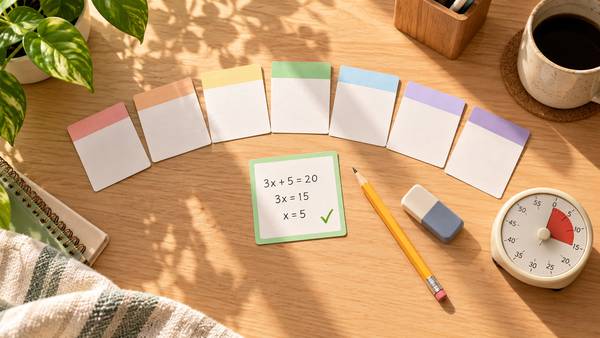 1週間分の予定カードを並べた机に、自力で解けた一問のカードとタイマーが置かれている様子