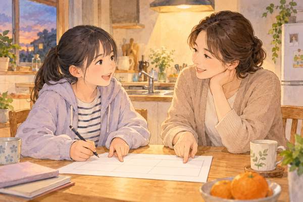 食卓で向かい合い、通知表の結果ではなく次の学期の作戦表を一緒に考えている保護者と中学生