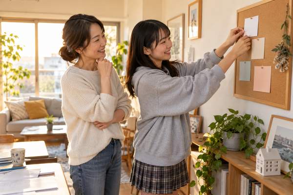 成績を振り返ったあと、次の目標を書いたカードをリビングのボードに貼っている保護者と高校生の写真