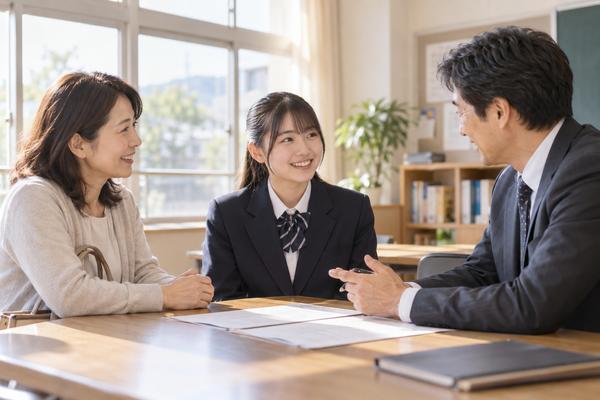 学校の面談室で担任と評価について話す制服の生徒と保護者