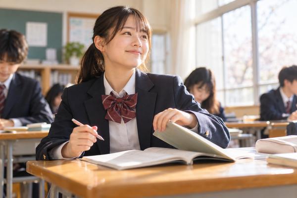 明るい教室で返却された答案を手に、手応えを感じてほほえむ制服姿の高校生