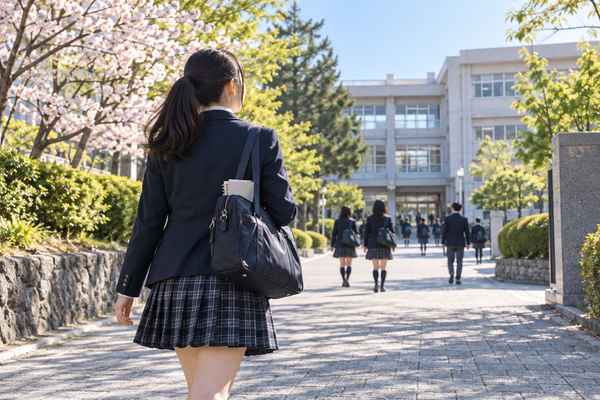 ノートを鞄に入れ、朝の通学路を落ち着いた足取りで学校へ向かう高校生