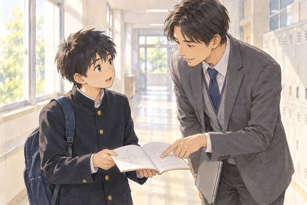 学校の廊下でノートを開いて見せる中学生と、ページを指さして教える先生