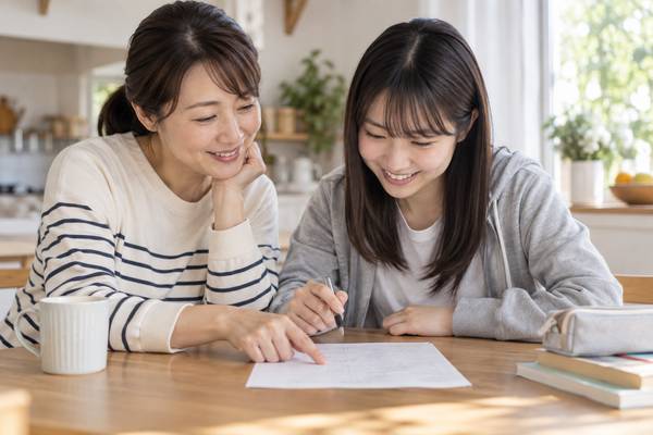 明るい台所のテーブルで、母親と浪人生の娘が1枚の答案を一緒に見ながら、次に直す一問を前向きに話している様子