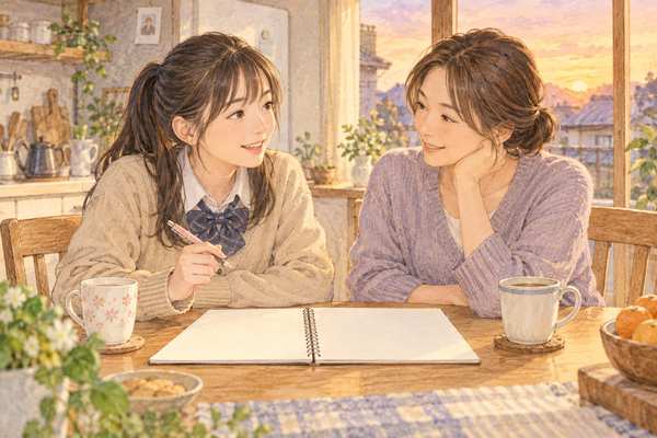 夕方のキッチンで保護者と向き合い、ノートを広げて次の目標を話す高校生のイラスト