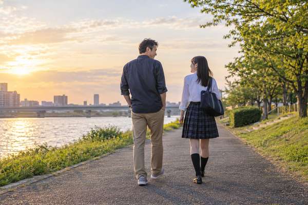 夕方の川沿いを並んで歩きながら話している保護者と高校生