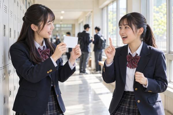 休み時間の廊下でカードを見せ合い、再読文字の読みを言い合って確かめている高校生二人
