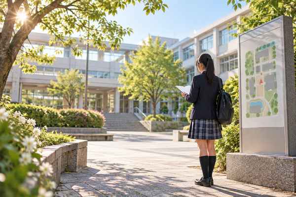 校舎の前で案内図を見て、自分がいまどこにいるかを確かめている制服の高校生