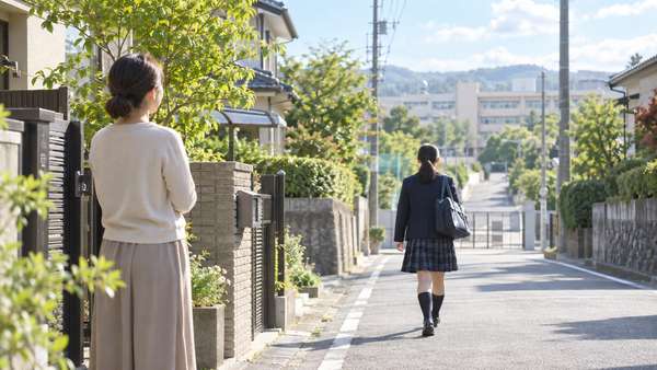 玄関先から登校する子どもを見送る保護者と、坂の先に見える中学校
